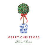 Topiary in Chinoiserie Vase Christmas Tiny Tag {red bow}