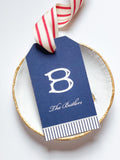 Navy blue pinstripe hangtag