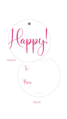 Non-Personalized pink Happy! Round Gift Tag