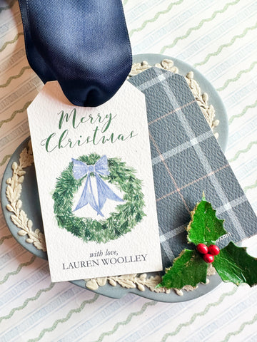 Blue Bow + Wreath with Plaid Hangtag