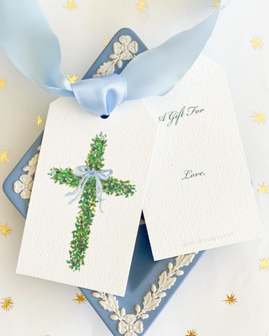 Non-Personalized Boxwood Cross Blue Bow Hangtag