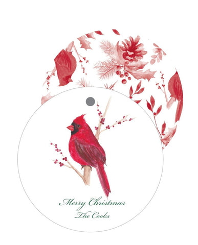 Cardinal + Red Toile Round Gift Tag