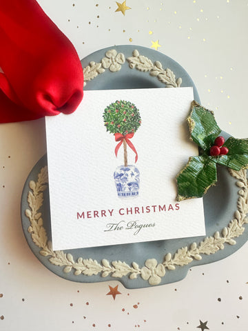 Topiary in Chinoiserie Vase Christmas Tiny Tag {red bow}