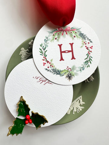 Round Mixed Greenery Wreath with Initial Tiny Tag