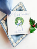 Merry Christmas Box Wood Wreath Gift Tag (Blue Bow)