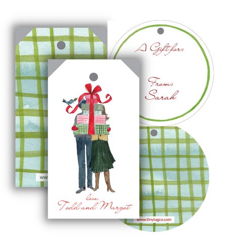 Christmas Couple + Round Green Plaid Gift Tag Set