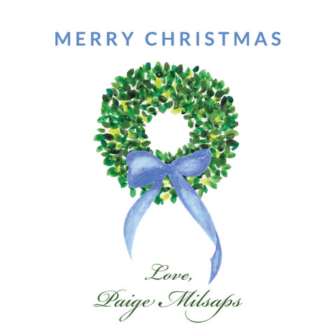 Boxwood Wreath Christmas Tiny Tag {blue bow}