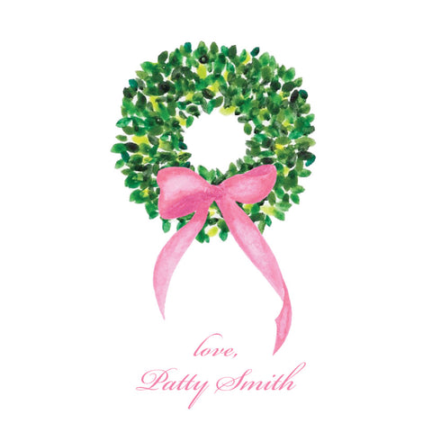 Watercolor Boxwood Wreath {pink bow}