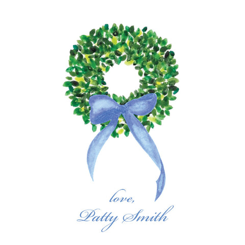 Blue Bow Watercolor Boxwood Wreath