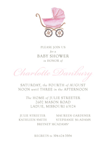 Pink Pram Baby Shower Invitation